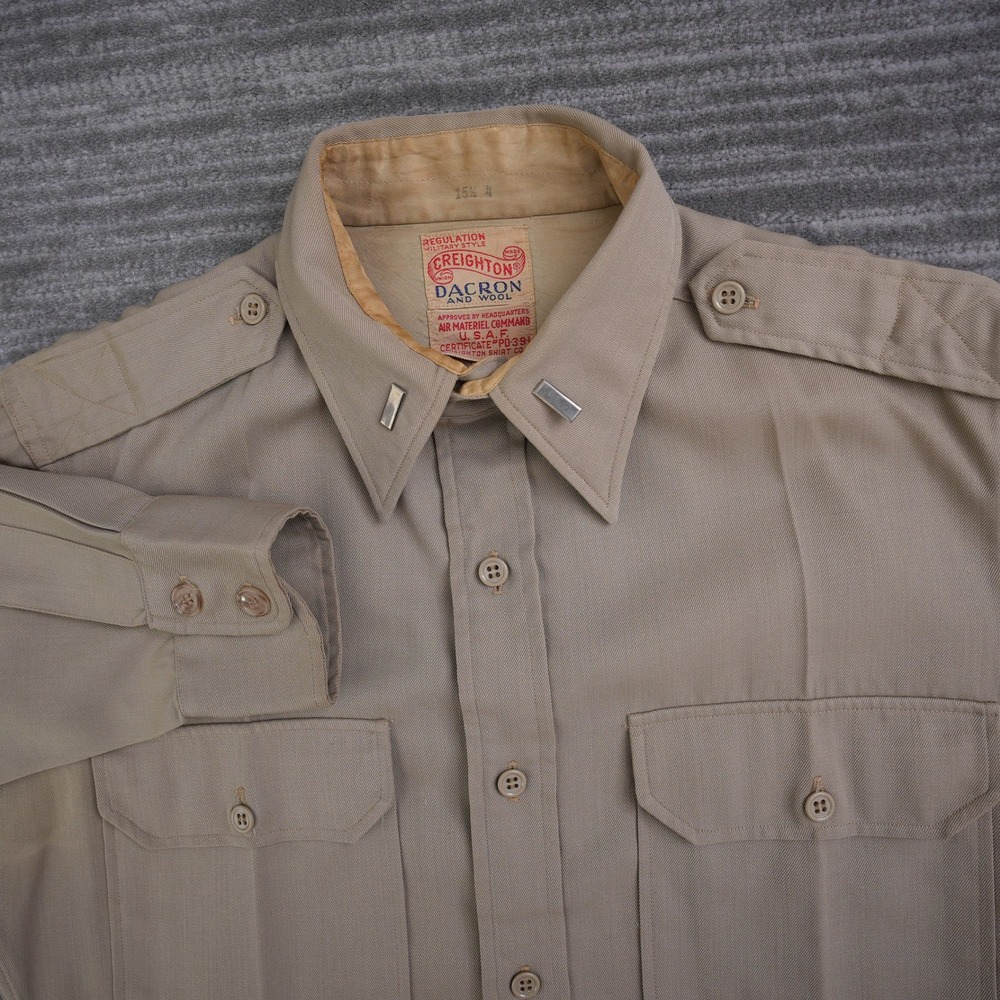 Vintage Creighton USAF Military Shirt Tan Dacron Wool Blend 15.5 x 4 Khaki L/S